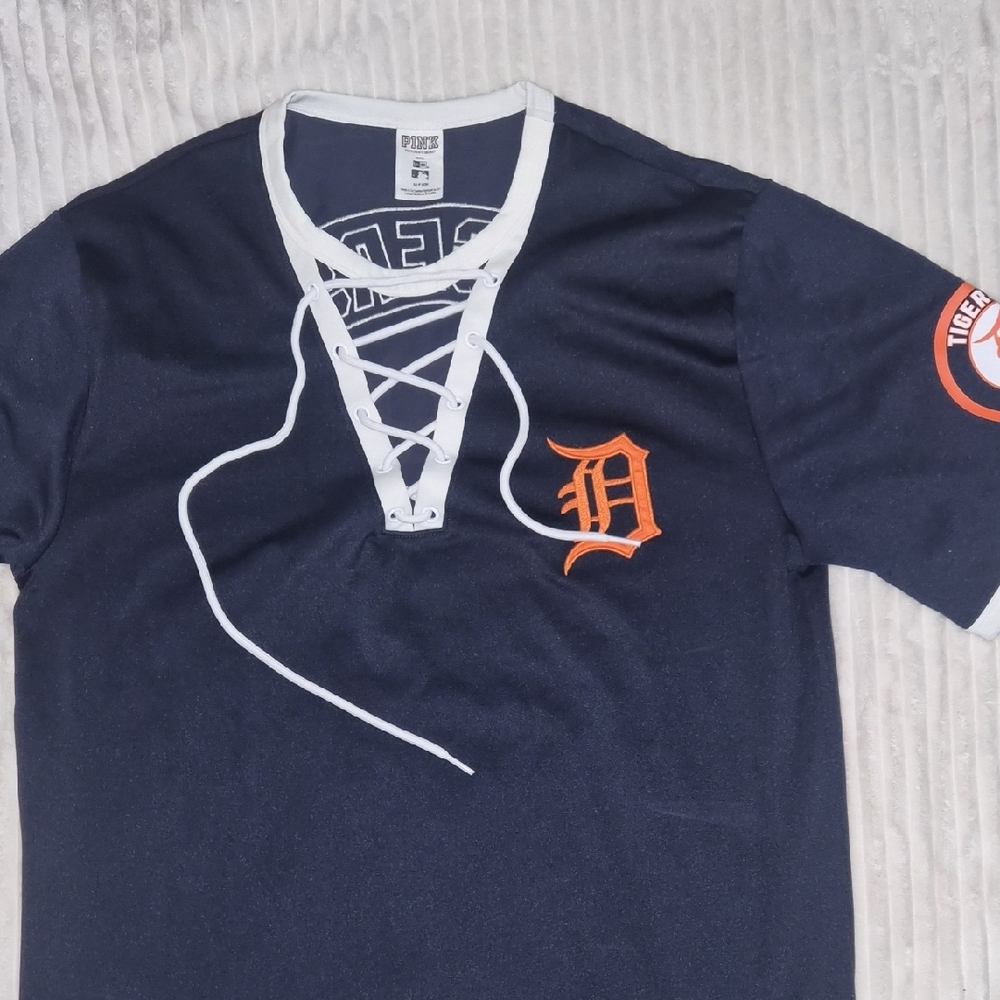 PINK Victoria's Secret Navy Lace-Up Tee with Orange Logos